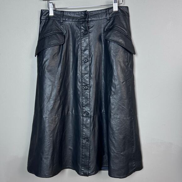 Banana Republic skirt 4 black faux leather a-line button up front midi retro - Picture 1 of 9